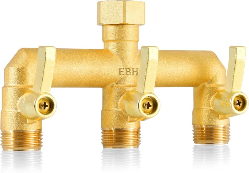 EBH Brass Garden Hose Splitter, 3 Way High Flow Outdoor Faucet Splitter,Full Flow 3-Way Brass Heavy Duty Hose Splitter With 3 Long Metal Handle and Individual On/Off Valve。 - Image 1